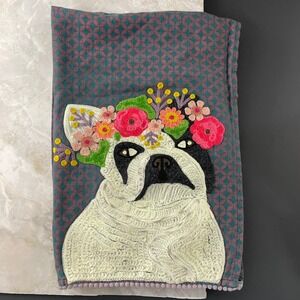 Karma Living French Bulldog Frenchie Pug Floral Crochet Applique Tea Towel 18x26